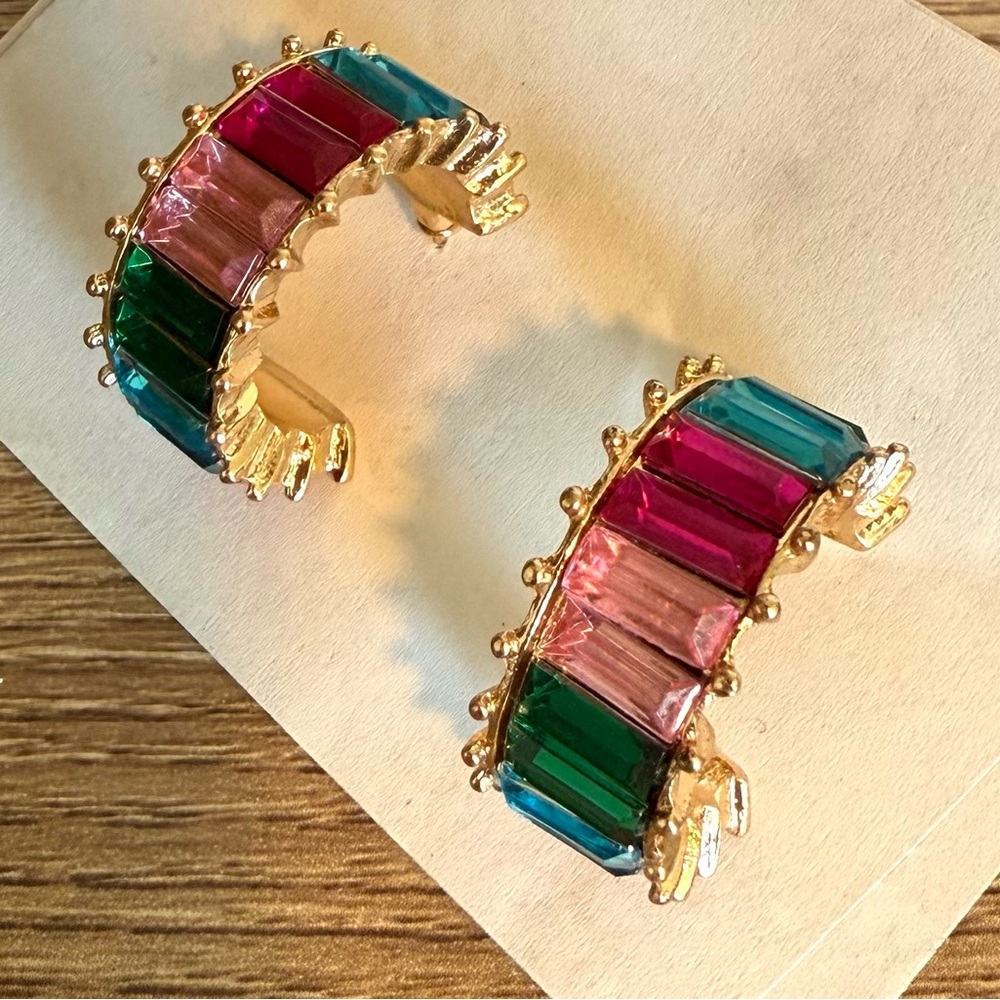 VTG 90s Womens Hoop Earrings Rainbow Gold Plated Art Glass Retro Vintage Style